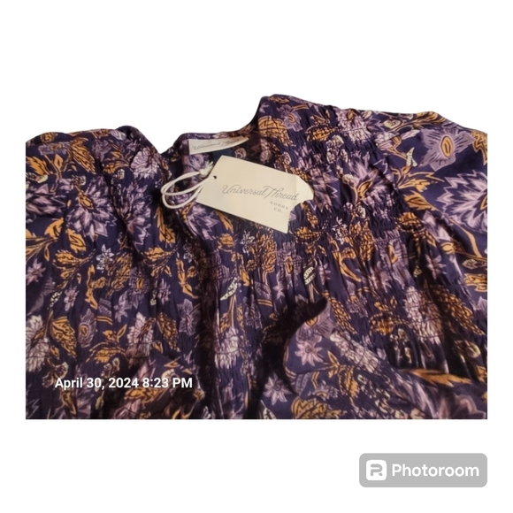 UNIVERSAL THREAD, purple floral tunic w/ puffy, long sleeves & smocking.Sz L NWT - Picture 5 of 8